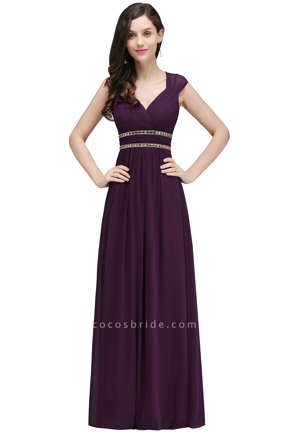 V-neck Cap Sleeves Chiffon Column Floor Length Bridesmaid Dress