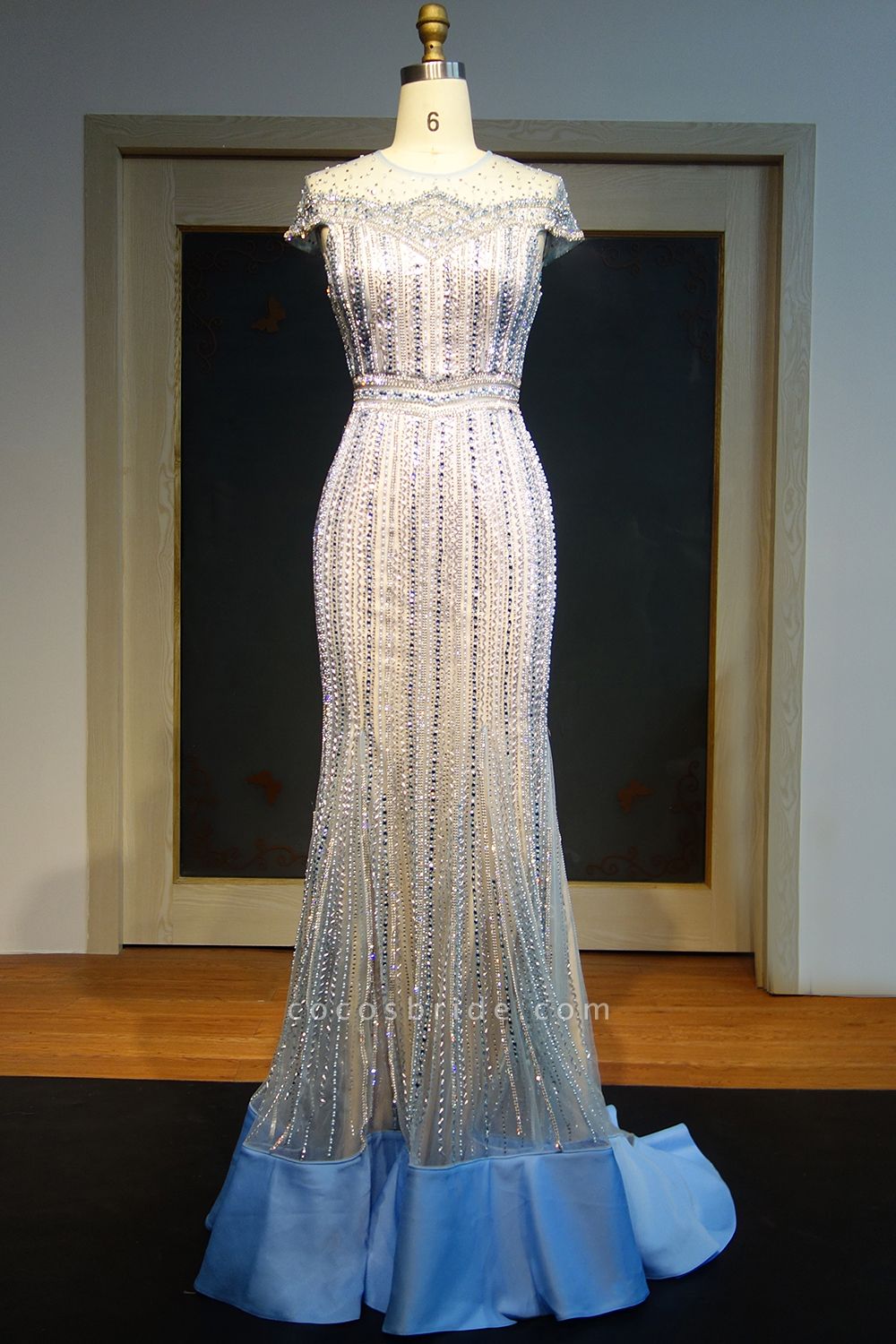 JILLIAN | Mermaid Cap Sleeves Floor Length Beading Prom Dresses with Crystals