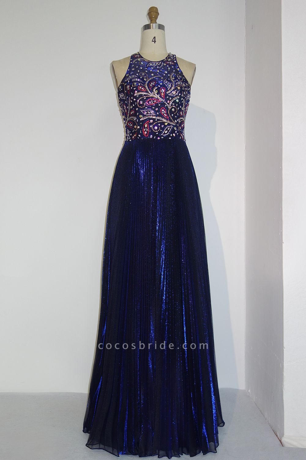 JENNA | A-line Crew Sleeveless Floor Length Sequined Crystal Beading Prom Dresses