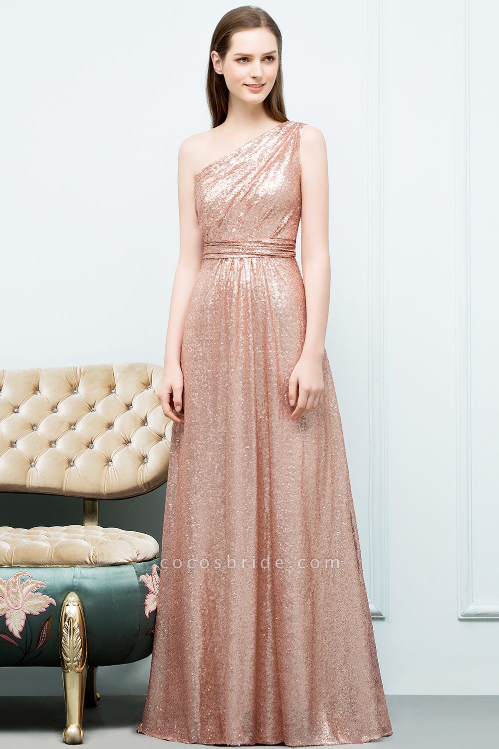 A-line Sequined One-shoulder Sleeveless Floor-Length Bridesmaid Dresses