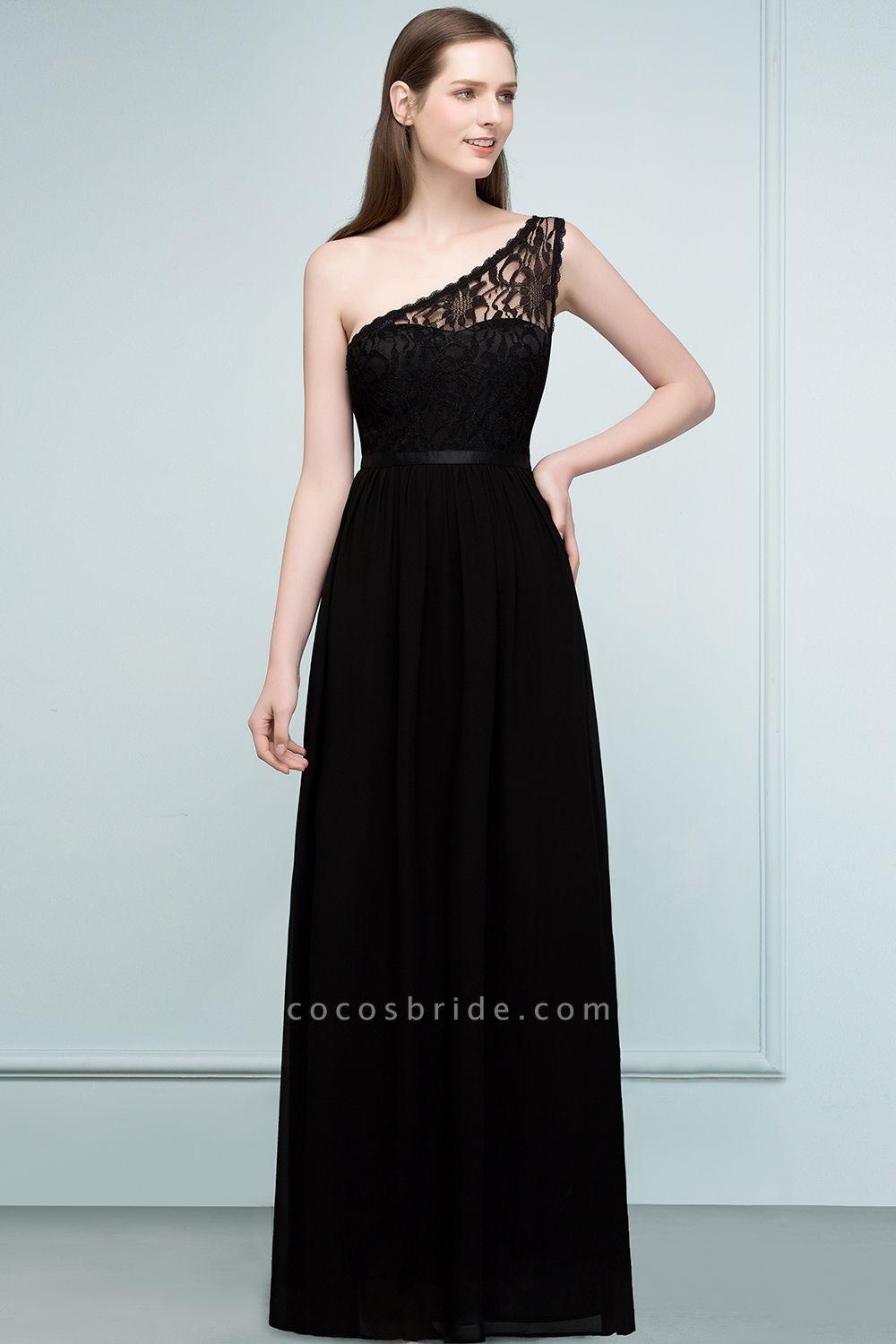 SYBIL | A-line One-shoulder Floor Length Lace Chiffon Bridesmaid Dresses with Sash