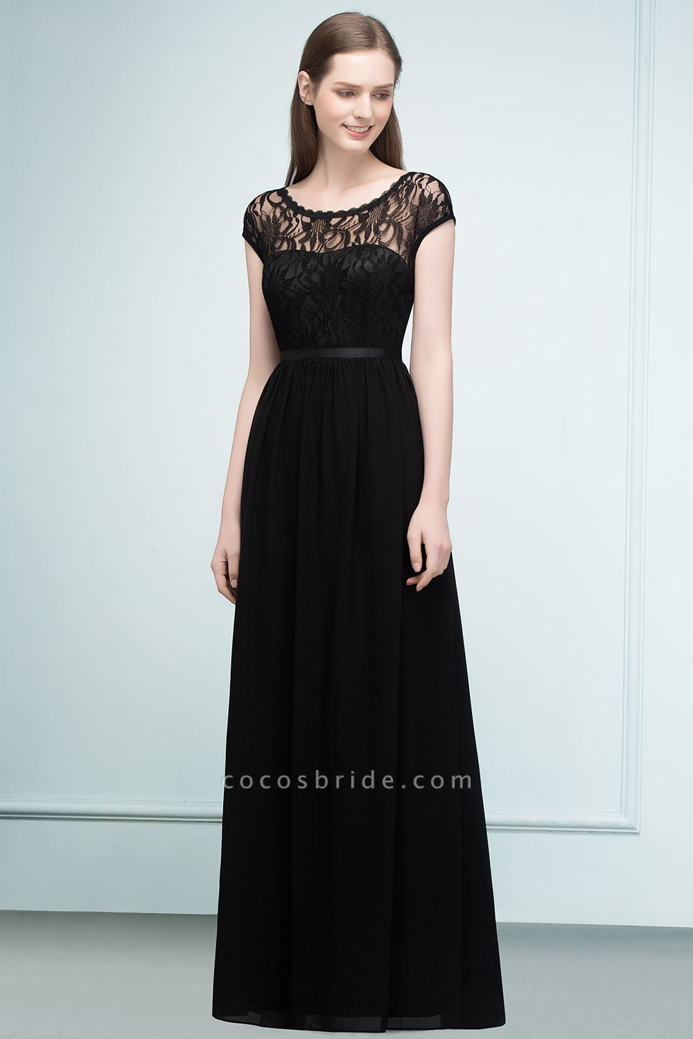 REESE | A-line Floor Length Short Sleeves Lace Bridesmaid Dresses with Sash