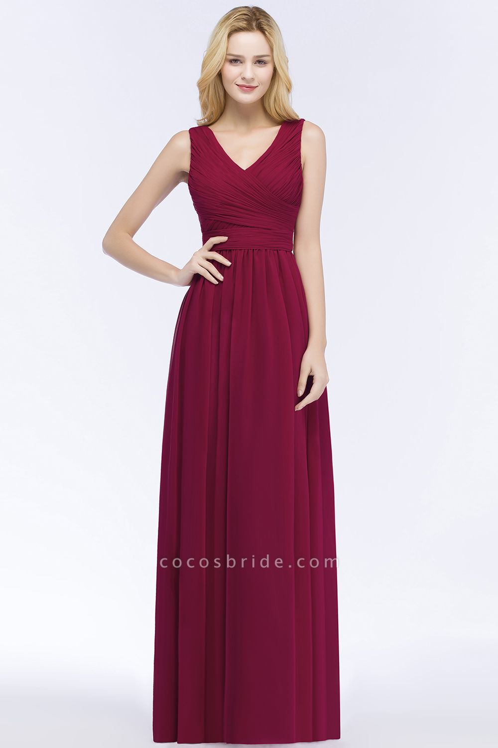 A-line Chiffon V-Neck Sleeveless Ruffles Floor-length Bridesmaid Dress
