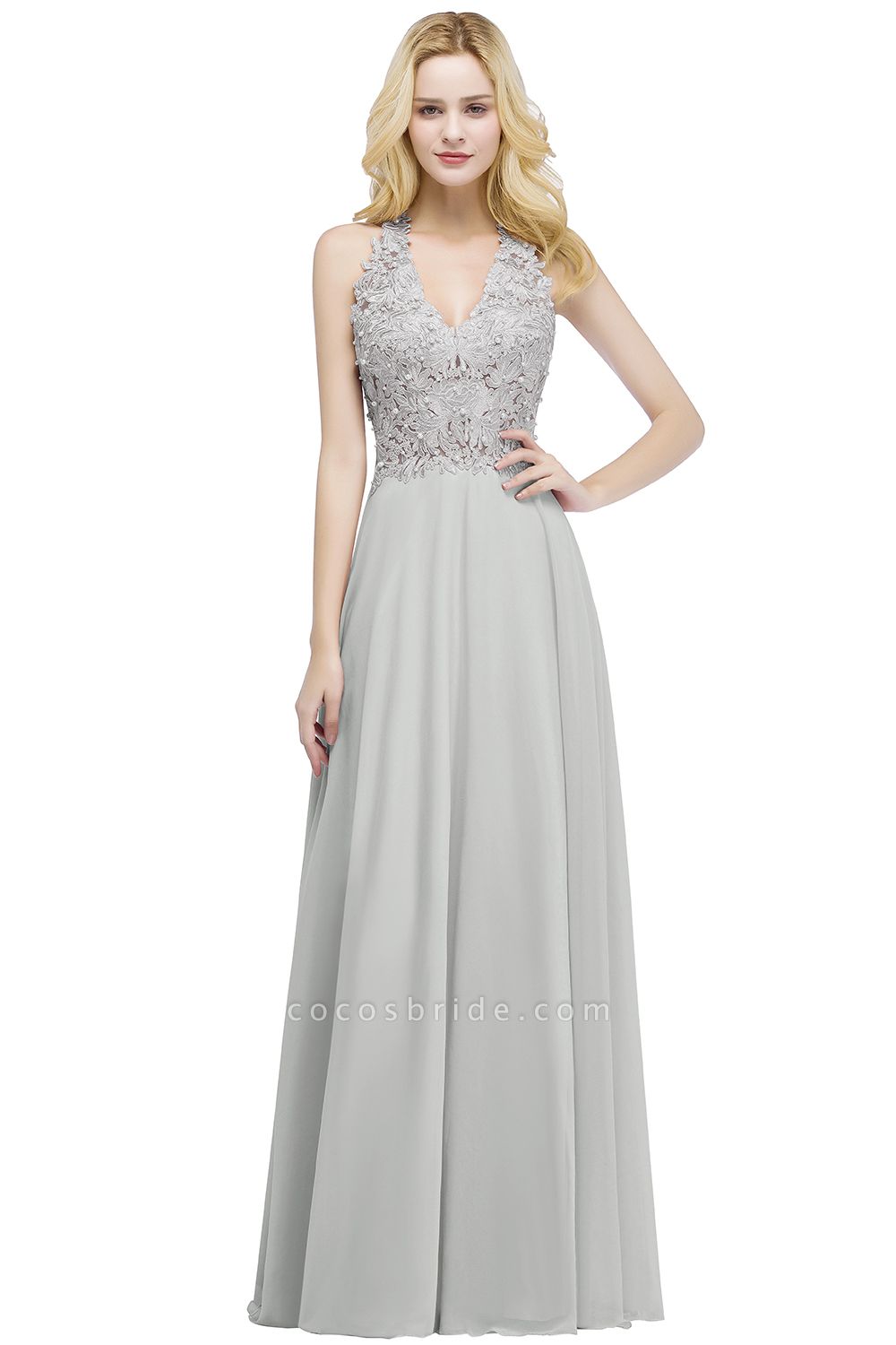 PAM | A-line V-neck Sleeveless Long Appliques Chiffon Bridesmaid Dresses