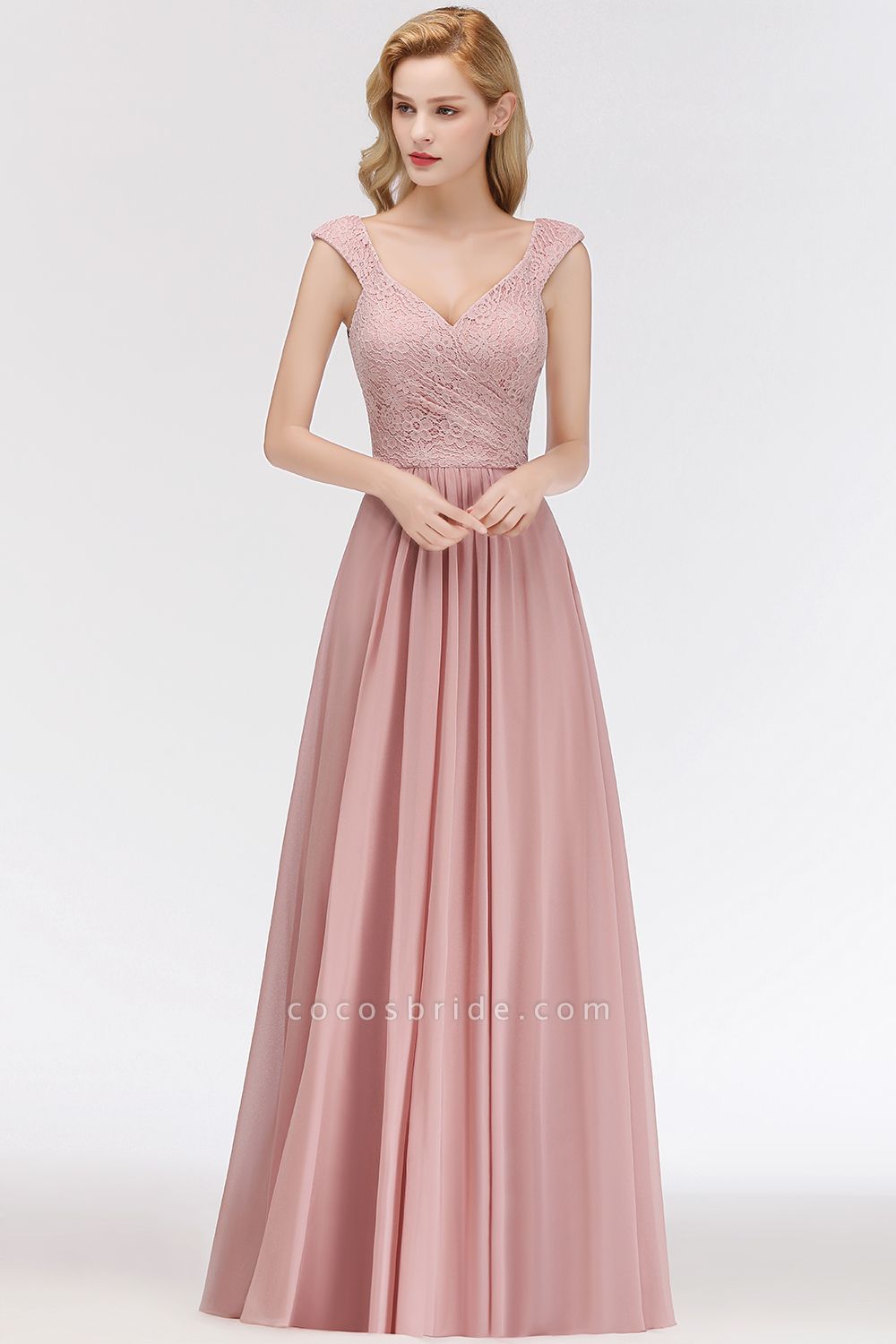 MARIA | A-line Long V-neck Sleeveless Lace Top Chiffon Bridesmaid Dresses