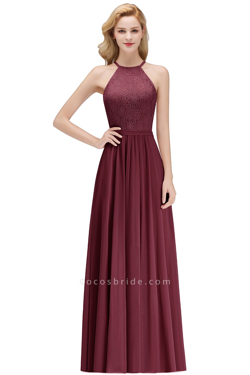 MARIANNA | A-line Sleeveless Halter Long Lace Chiffon Bridesmaid Dresses