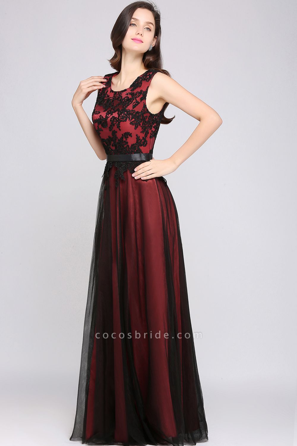 Elegant A-Line Tulle Lace Sleeveless Floor-Length Bridesmaid Dress with Sash