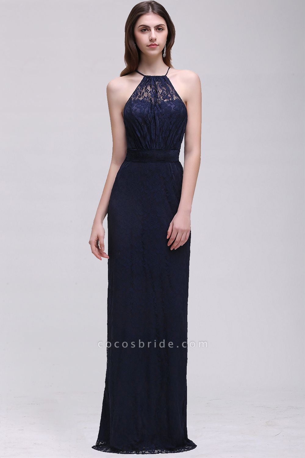Elegant A-Line Lace Halter Sleeveless Floor-length Bridesmaid Dress