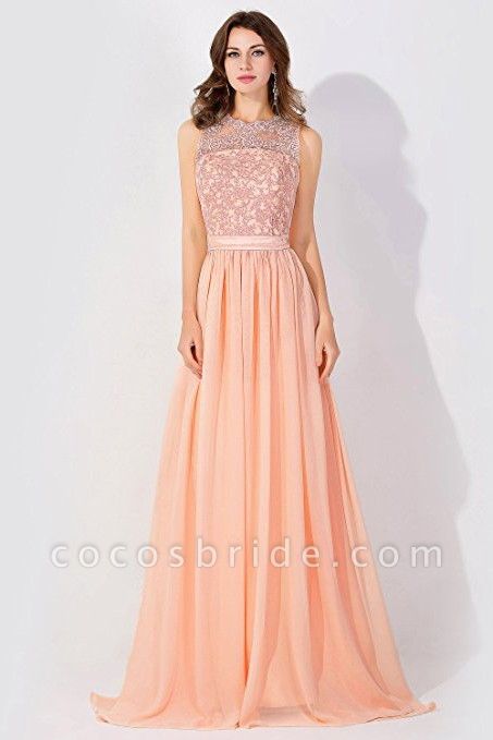 A-Line Chiffon Lace Jewel Sleeveless Floor-Length Bridesmaid Dress with Ruffles