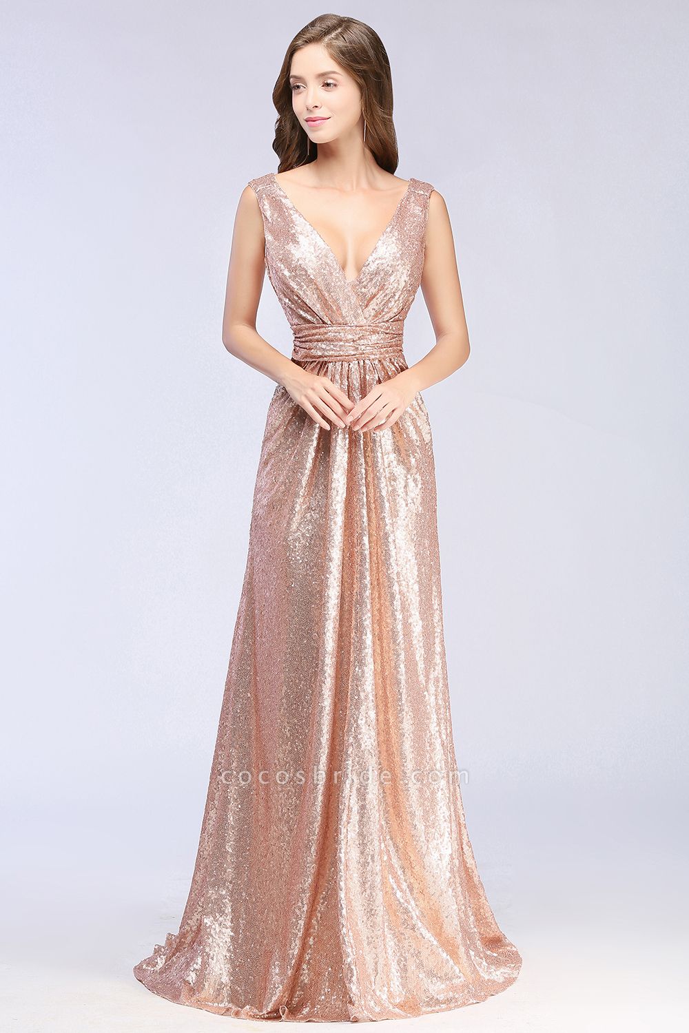 Elegant A-line Sequined V-Neck Sleeveless Floor-Length Bridesmaid Dresses