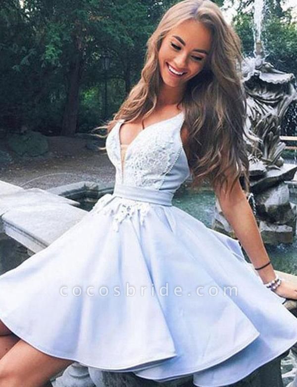 Amazing Short A-line V-neck Satin Appliques Lace Homecoming Dress