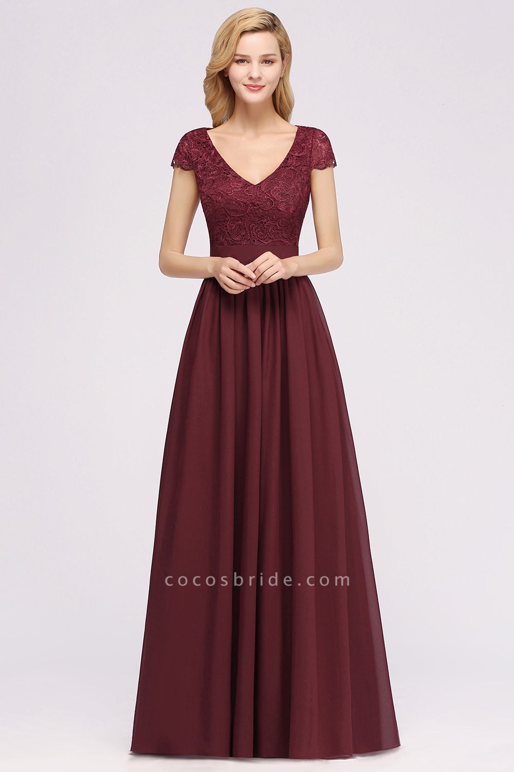 A-line Chiffon Lace V-Neck Sleeveless Floor-Length Bridesmaid Dresses ...