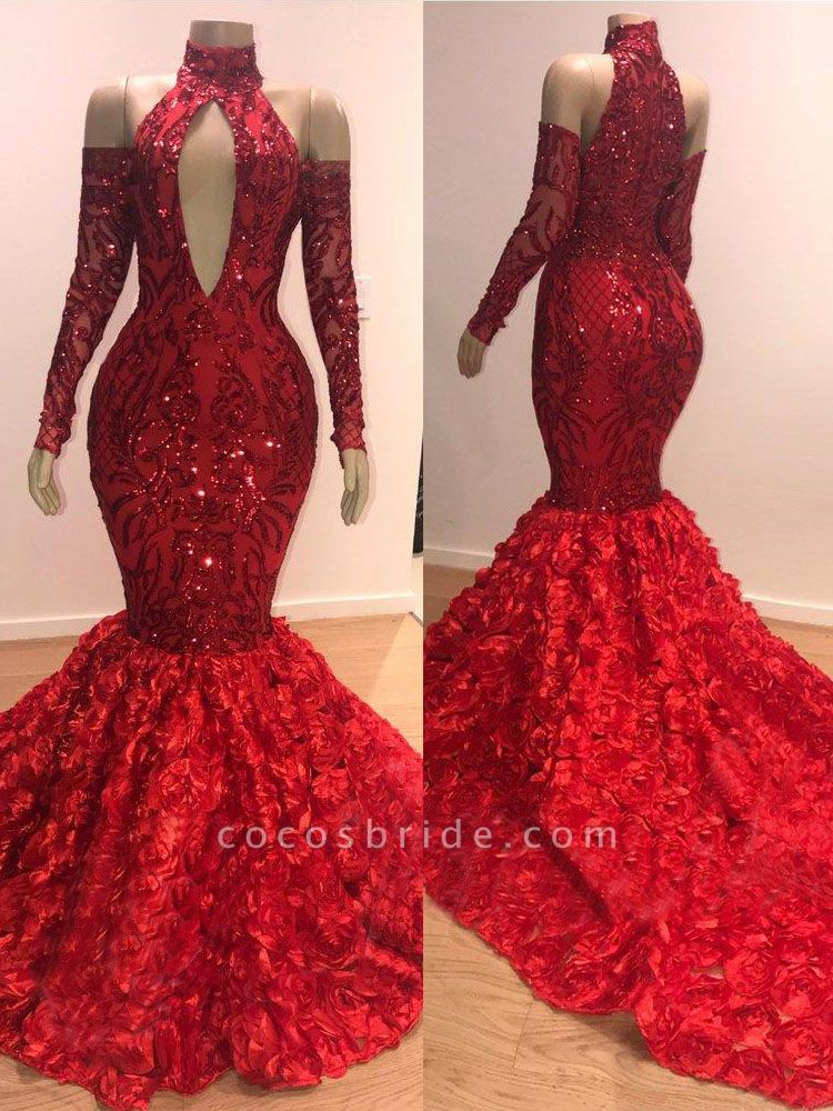 Chic Long Mermaid Halter Sequined Prom Dress with Sleeves