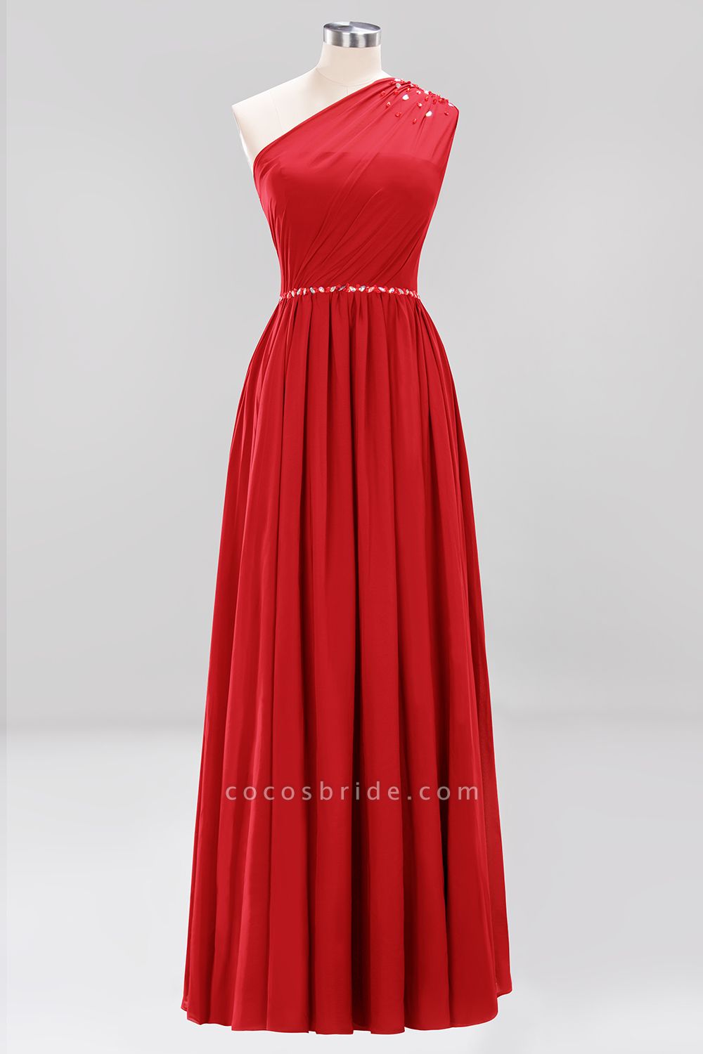 Elegant A-Line Burgundy Chiffon One-Shoulder Sleeveless Ruffles Floor-Length Bridesmaid Dresses with Beadings
