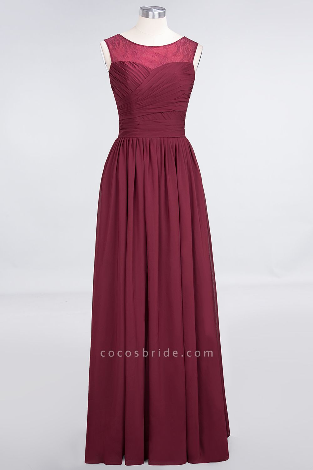 A-Line Chiffon Tulle Lace Scoop Sleeveless Floor-Length Bridesmaid Dress with Ruffle