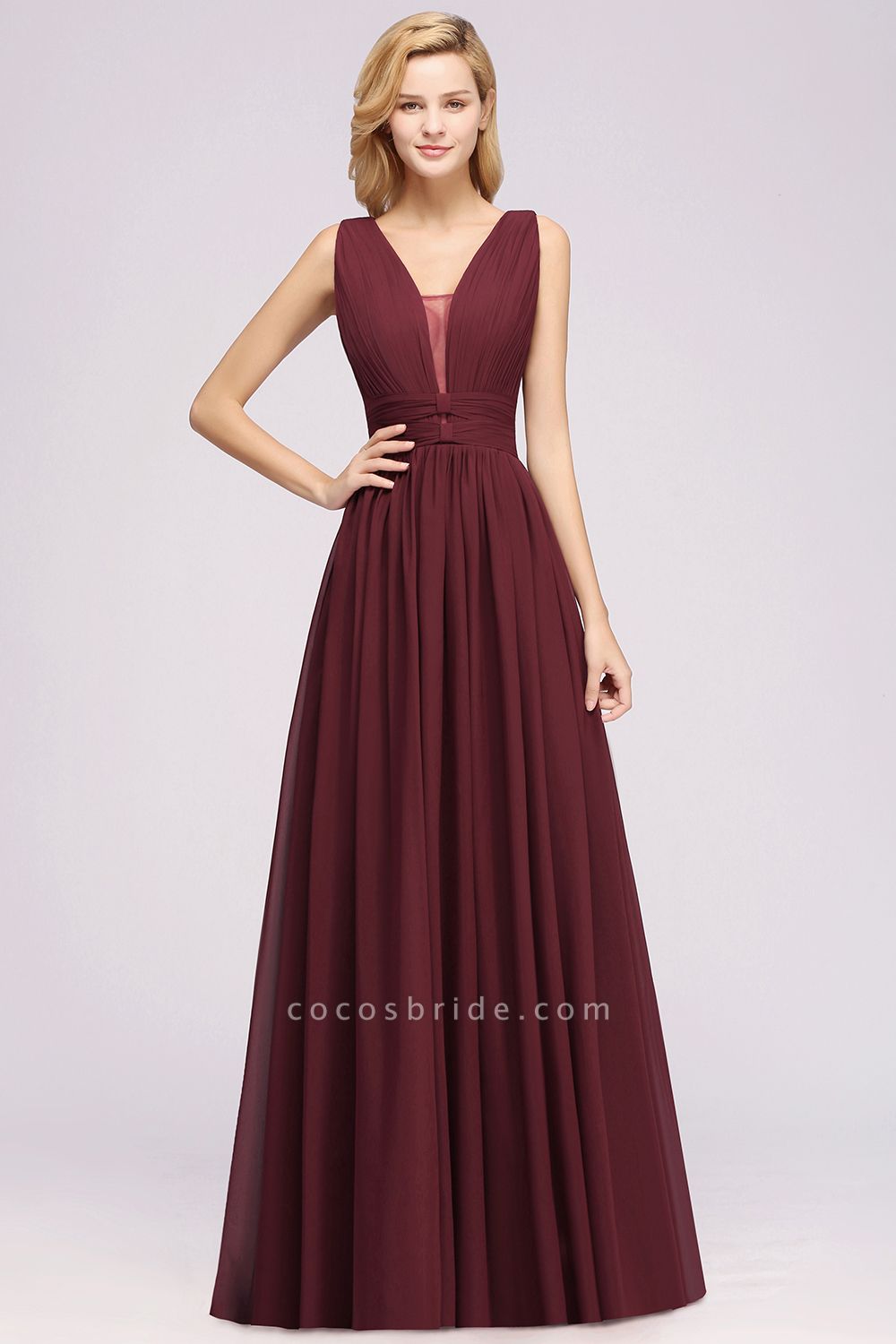 BM0214 A-Line Chiffon V-Neck Sleeveless Long Bridesmaid Dress