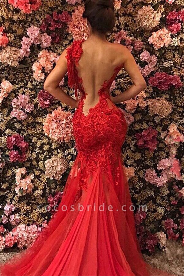 Red Long Mermaid One Shoulder Tulle Lace Backless Prom Dress