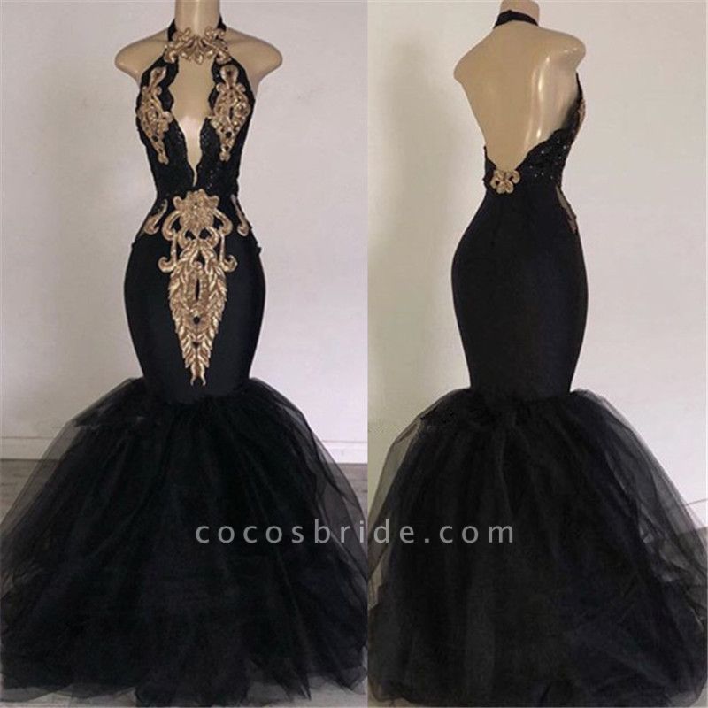 Black Long Mermaid Halter Silk-like Satin Tulle Open Back Prom Dress ...