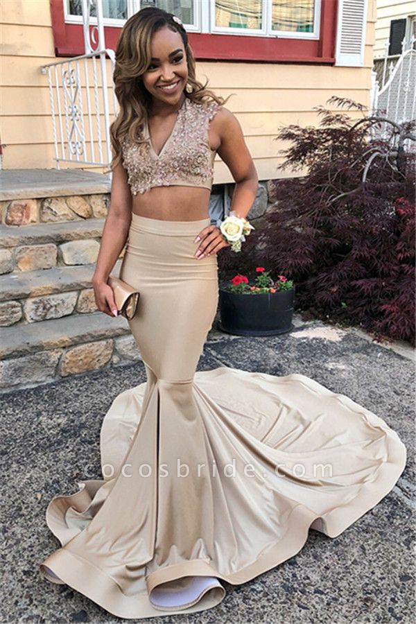 Attractive Straps Appliques Two Pieces Prom Dress