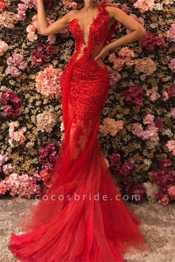 Red Long Mermaid One Shoulder Tulle Lace Backless Prom Dress