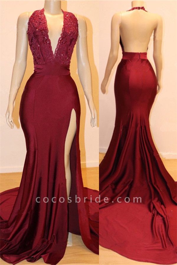 Sexy Backless Burgundy Prom Dresses with Slit | V-neck Halter Affordable Evening Gowns with Court Train
