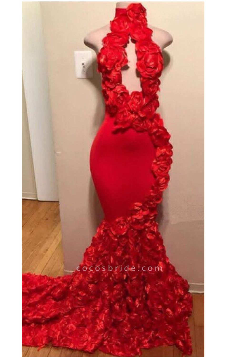 Sexy Flowers Halter Sleeveless Long Prom Dresses | 2021 Red Keyhole Mermaid Evening Gowns