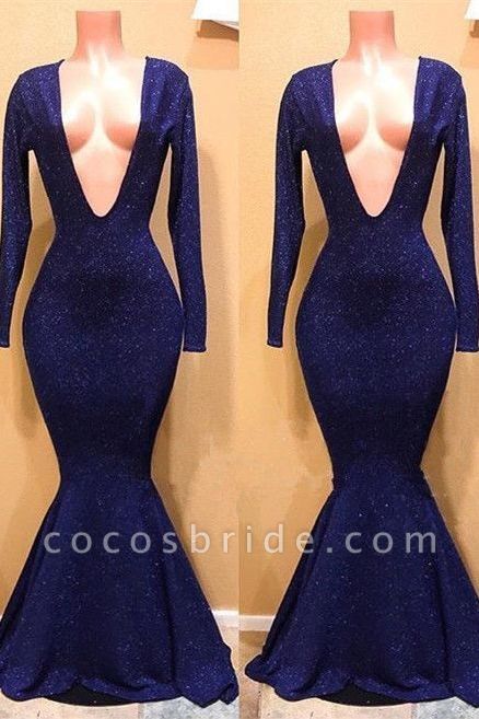 Sexy V-neck Long Sleeves Mermaid Sequins Prom Dresses