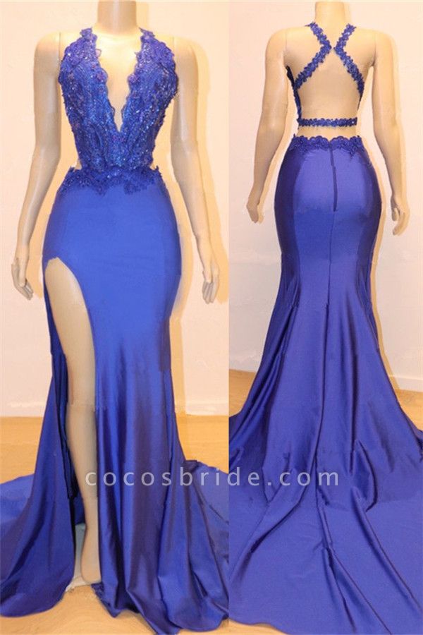 Sexy V-neck Sexy Open back Side Slit Prom Dresses Cheap | Elegant Royal Blue Mermaid Beads Lace Evening Gowns