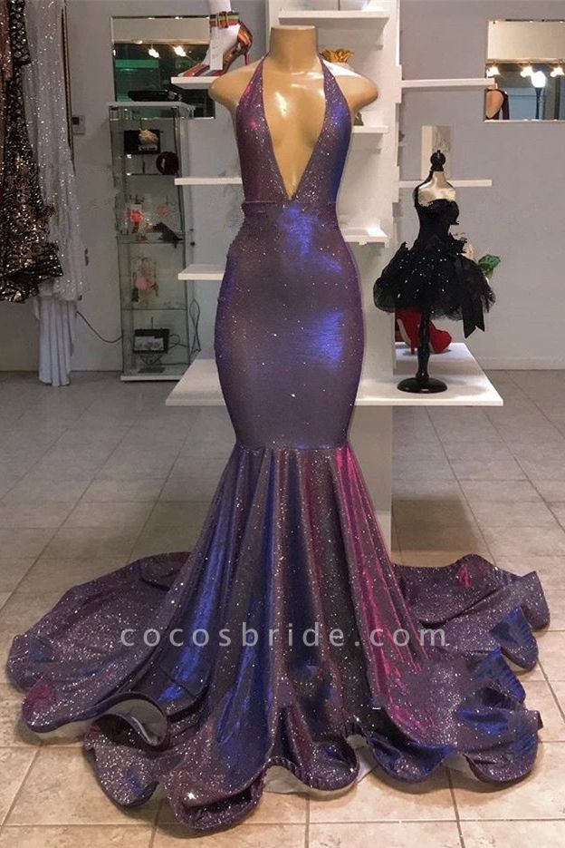 Deep V-Neck Sleeveless Prom Dresses | 2021 Halter Memaiad Sequins Evening Gowns