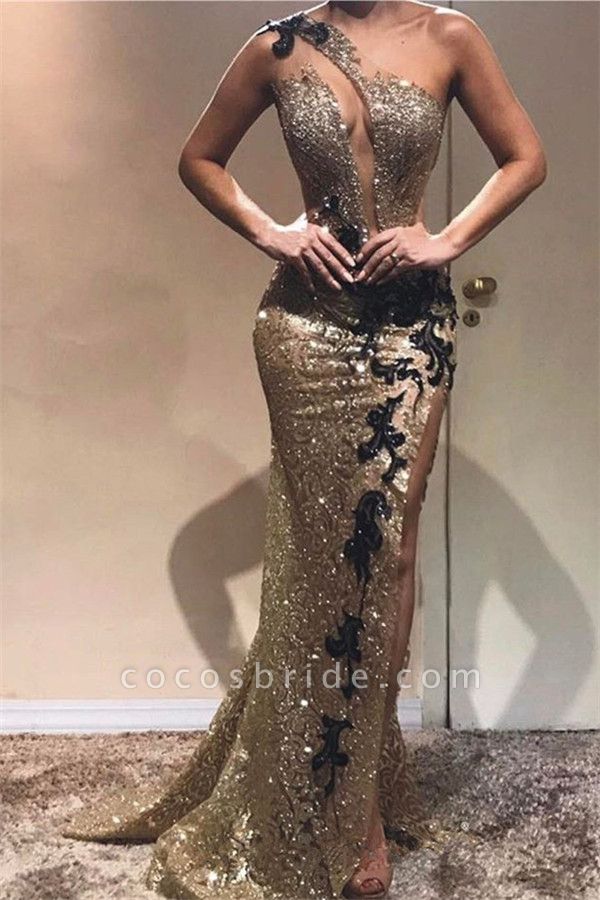 Affordable One Shoulder Appliques Column Prom Dress