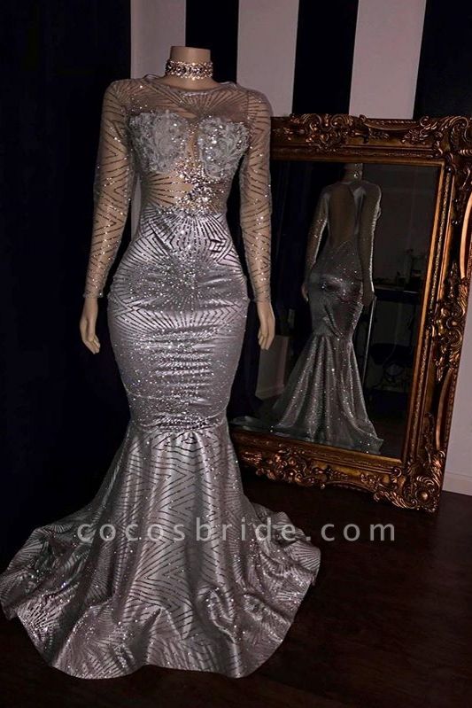 Elegant Appliques Sheer Tulle Prom Dresses | Sliver Long Sleeves Mermaid Evening Gowns