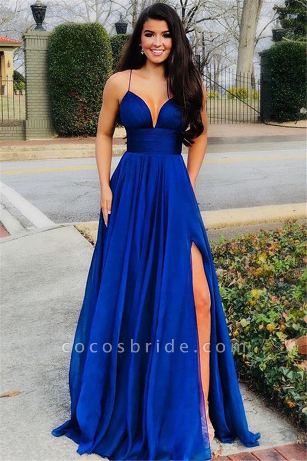 Affordable Long A-line Sweetheart Spaghetti Straps Satin Prom Dress with Slit