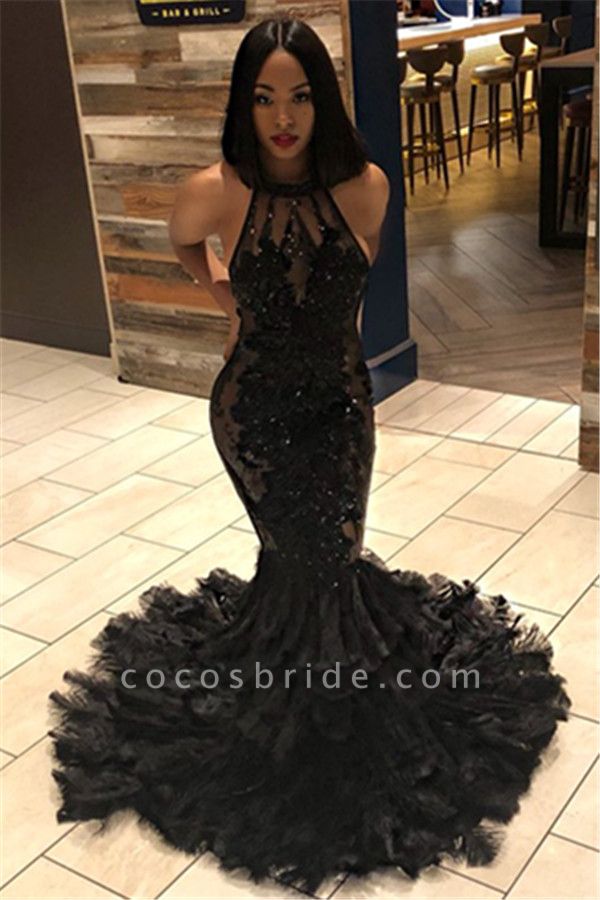 Fabulous Black Long Mermaid Halter Tulle Appliques Lace Prom Dress