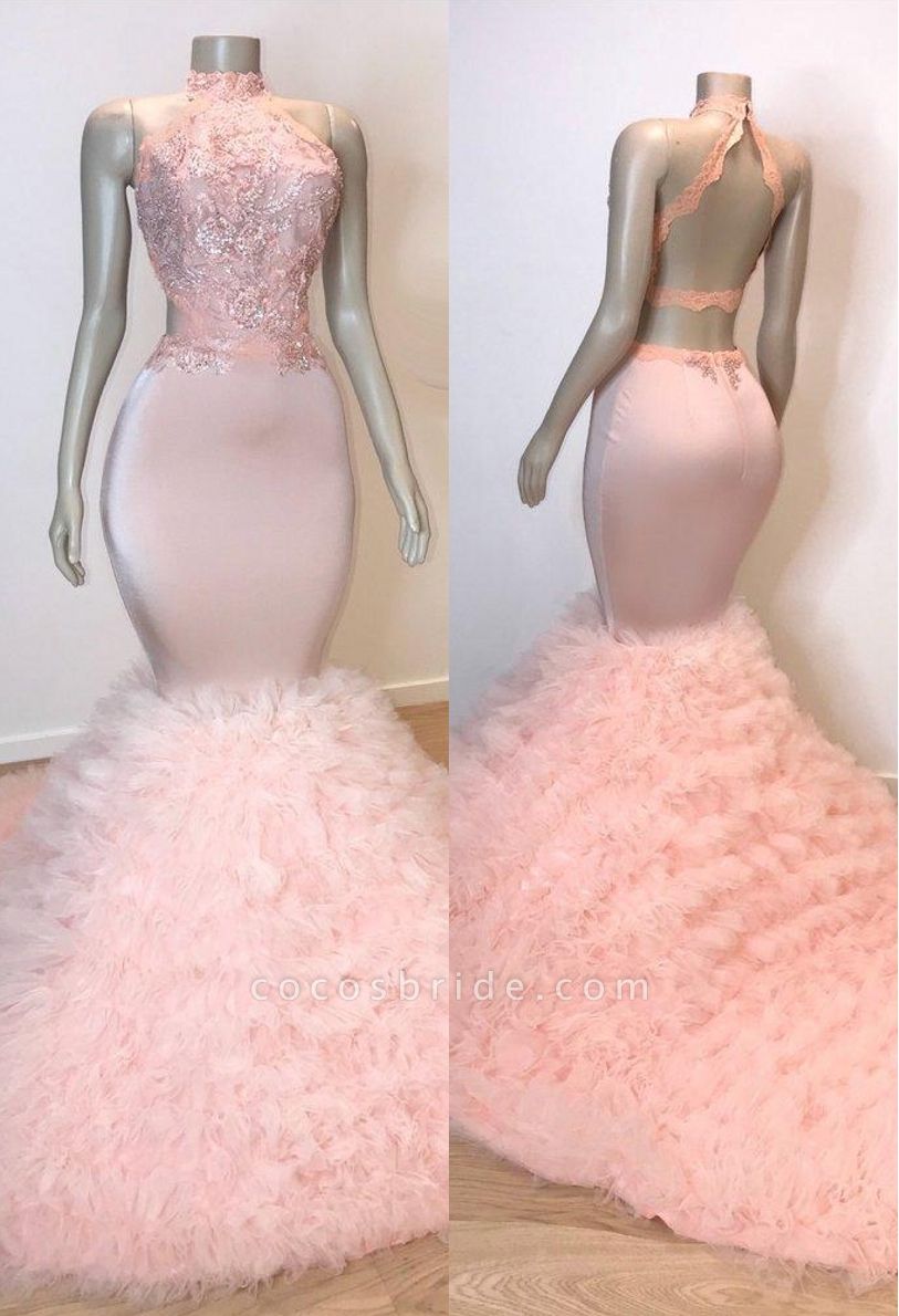 Pink Halter Sleeveless Mermaid Prom Dresses | 2021 Chic Open Back Lace Tulle Evening Gowns