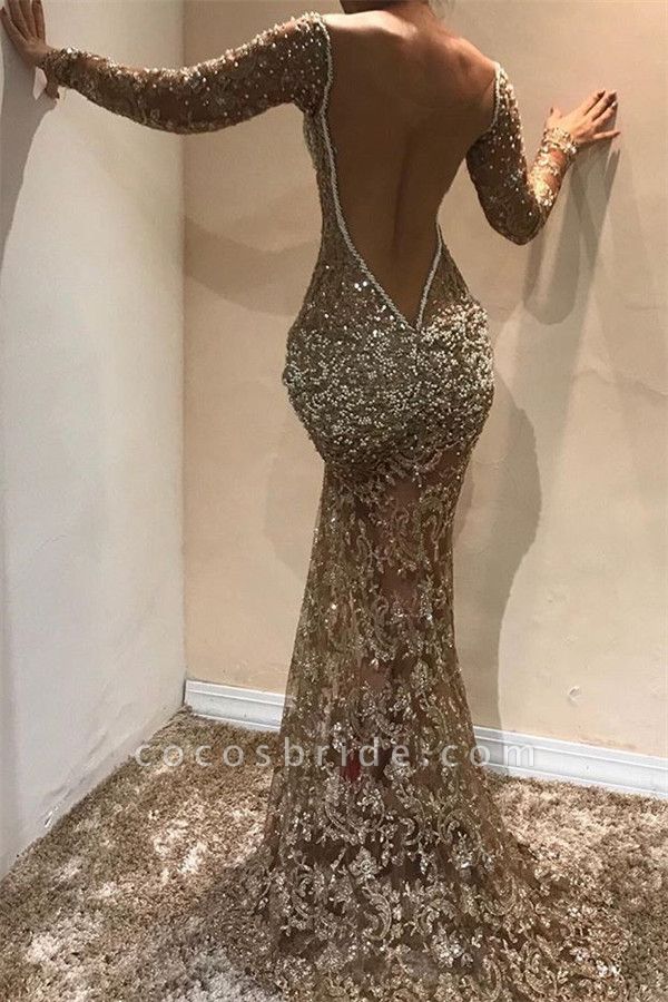 Long Mermaid V-neck Appliques Lace Front Slit Prom Dress with Sleeves ...