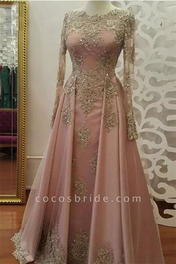 Attractive Bateau Long Sleeve Appliques Lace Crystal A-Line Ruffles Prom Dress