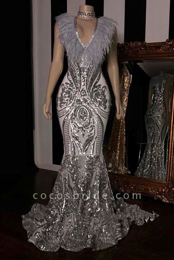 Glamorous V-neck Sleeveless Mermaid Sequins Long Prom Dresses