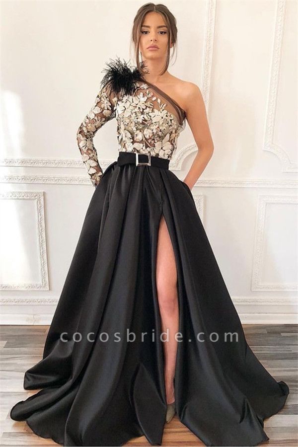 Long A-line One Shoulder Appliques Lace Front Slit Prom Dress with Sleeveds