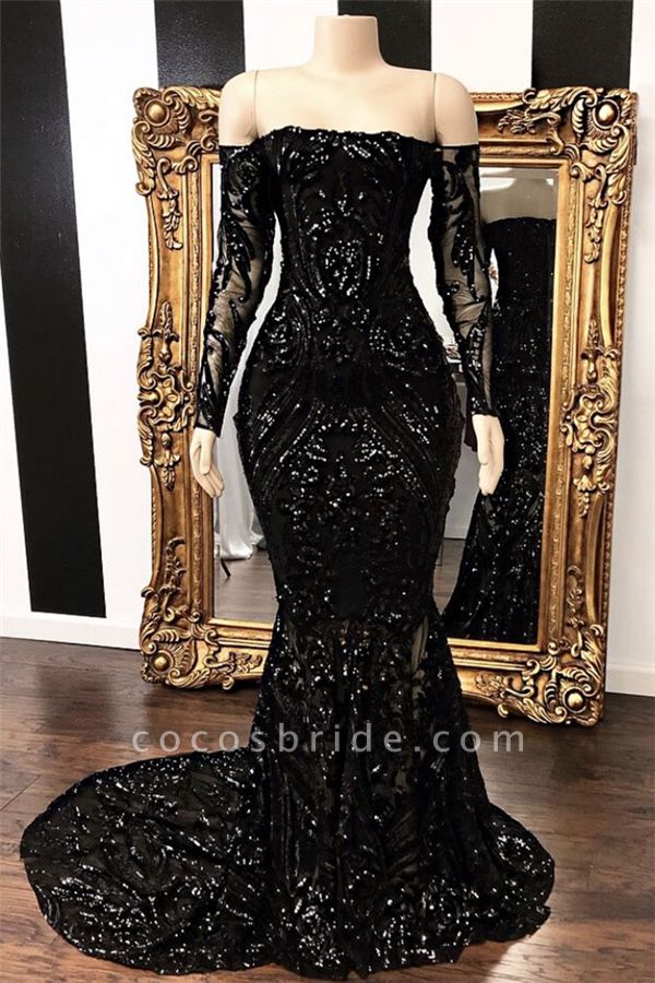 Off-the-shoulder Long Sleeves Mermaid Sweep Train Prom Dresses