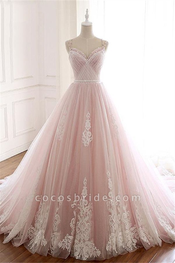 Graceful Spaghetti Straps Tulle A-Line Appliques Lace Floor-length Prom Dress