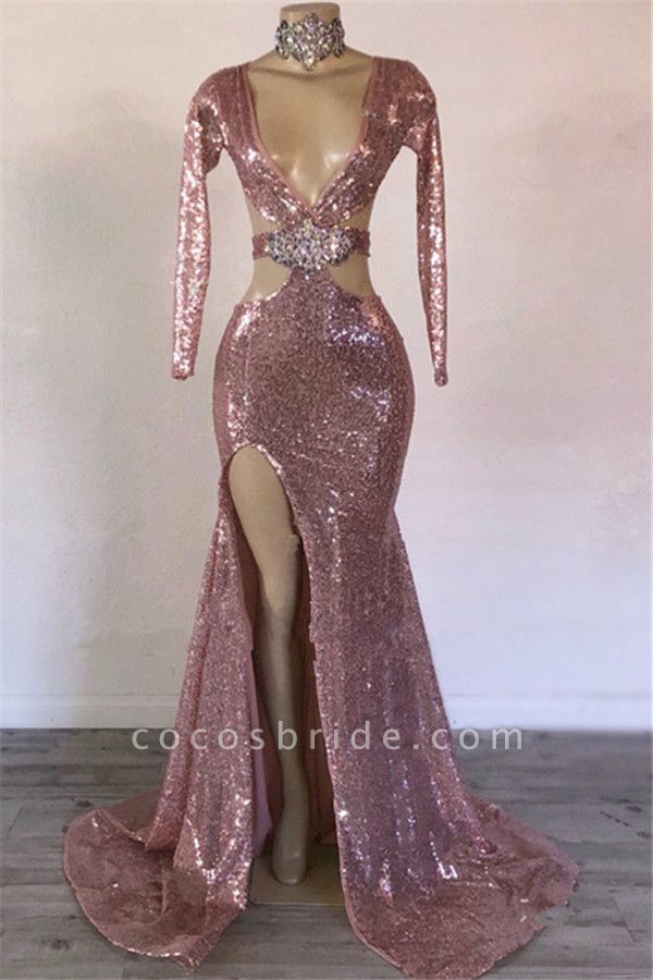 Modest Long Sleeves Mermaid V-neck Sequined Prom Dress with Slit