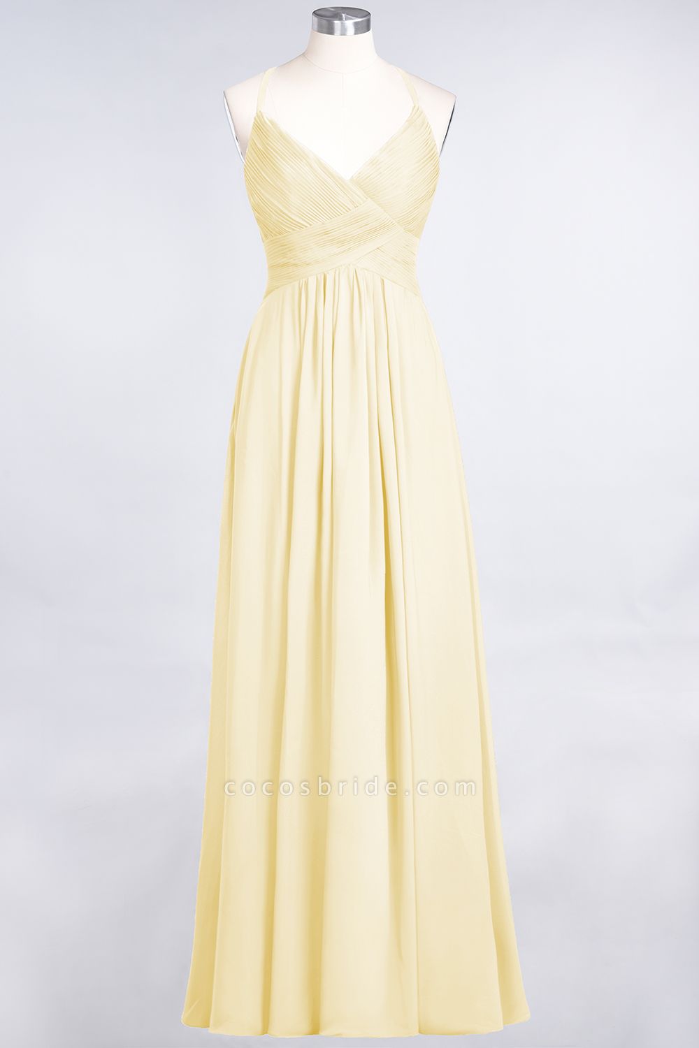 A-Line Chiffon Spaghetti-Straps V-Neck Sleeveless Floor-Length Bridesmaid Dress with Ruffles