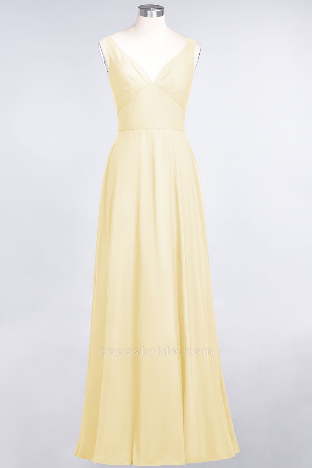 A-Line Chiffon V-Neck Straps Sleeveless Ruffles Floor-Length Bridesmaid Dress with Open Back