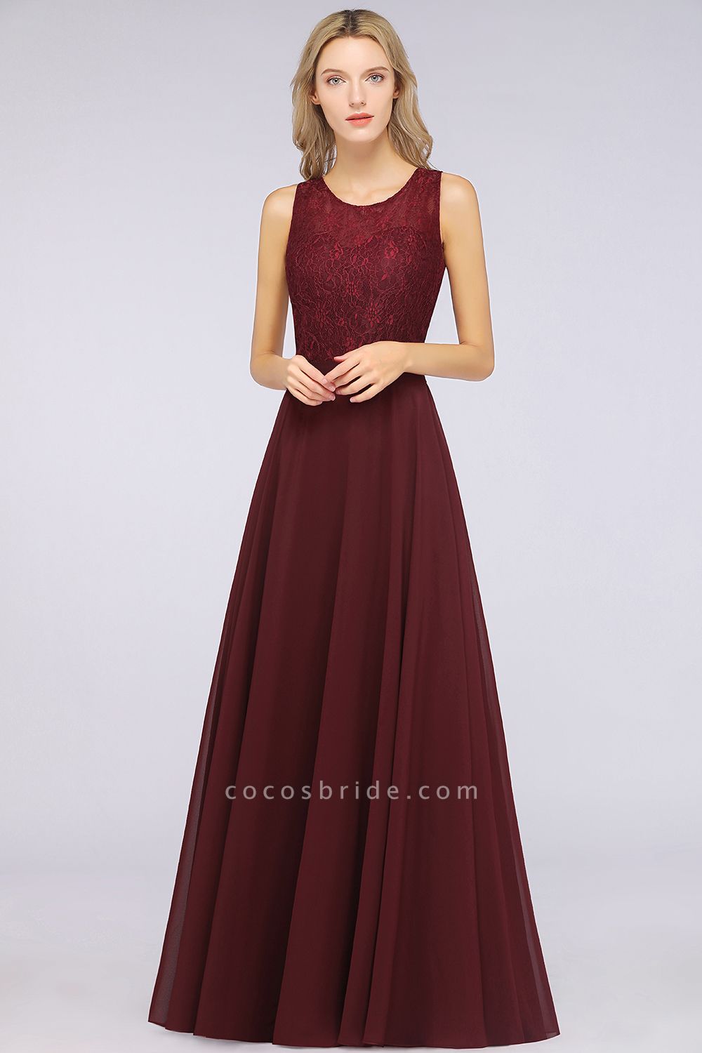 A-Line Chiffon Lace Jewel Sleeveless Hollowout Floor-Length Bridesmaid Dress