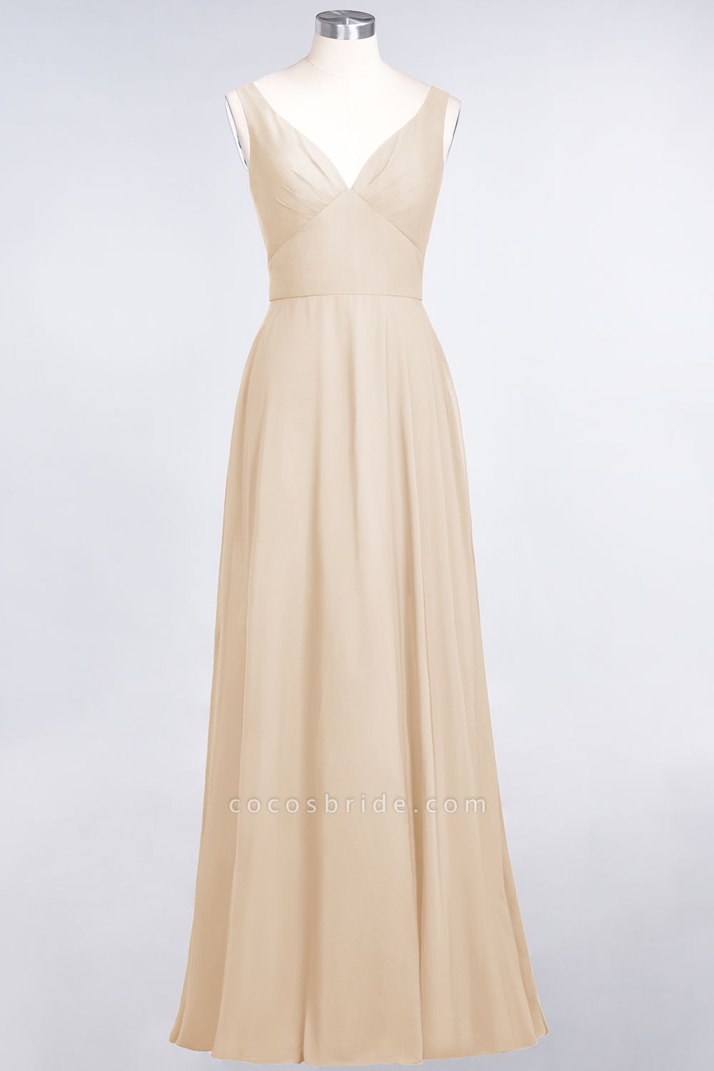 A-Line Chiffon V-Neck Straps Sleeveless Ruffles Floor-Length Bridesmaid Dress with Open Back