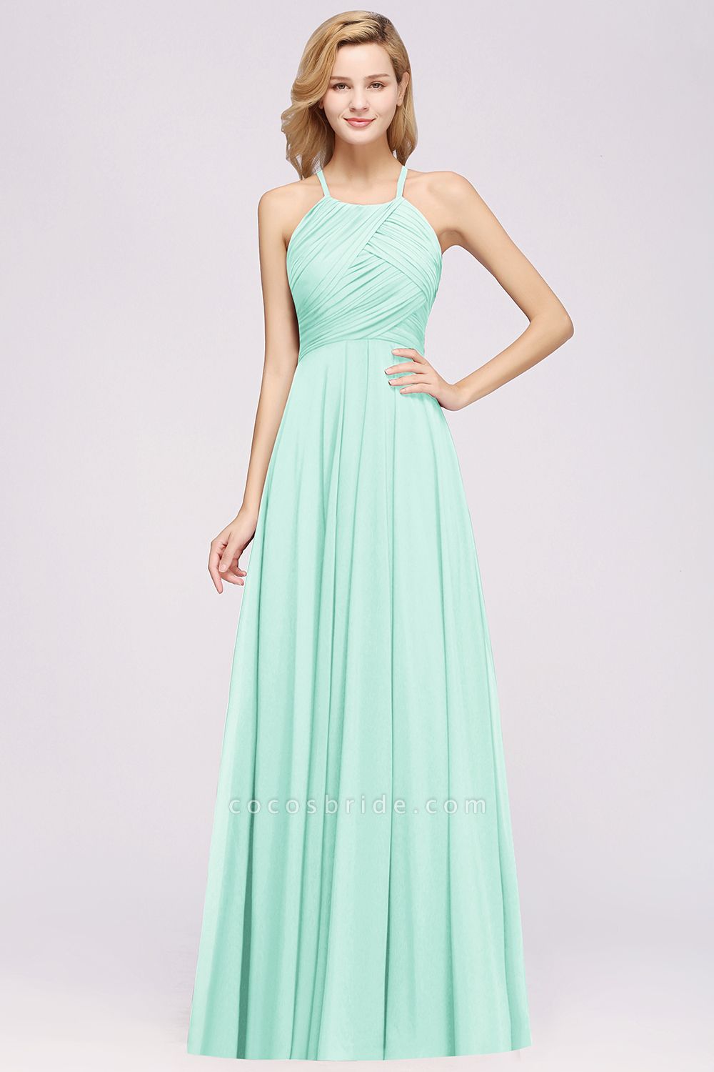 A-Line Chiffon Halter Ruffles Floor-Length Bridesmaid Dress