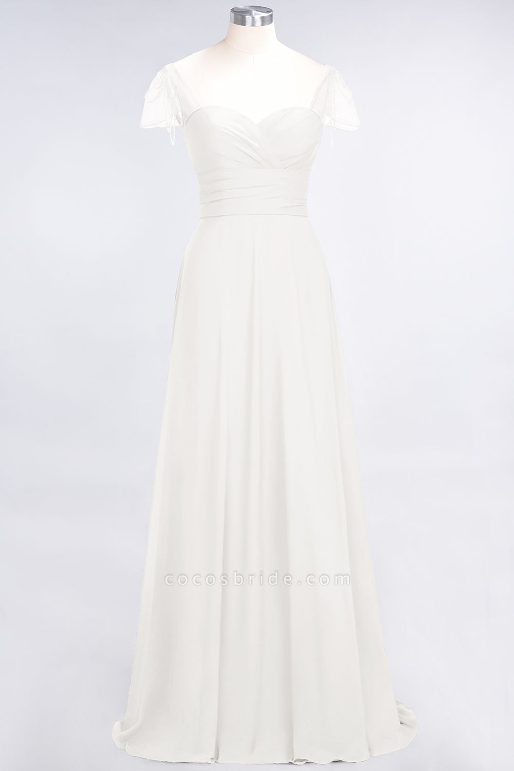 A-Line Chiffon Sweetheart Cap-Sleeves Ruffle Floor-Length Bridesmaid Dress with Beadings
