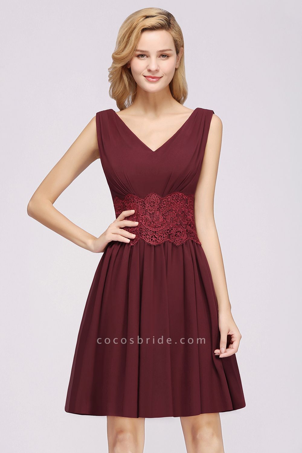 A-line Chiffon Lace V-Neck Sleeveless Mini Bridesmaid Dresses