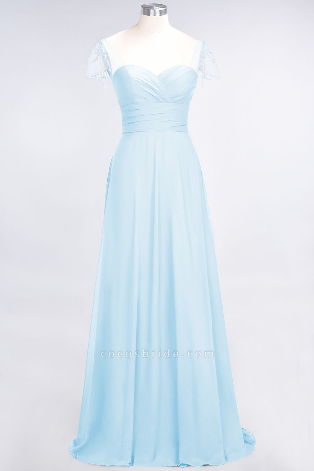 A-Line Chiffon Sweetheart Cap-Sleeves Ruffle Floor-Length Bridesmaid Dress with Beadings