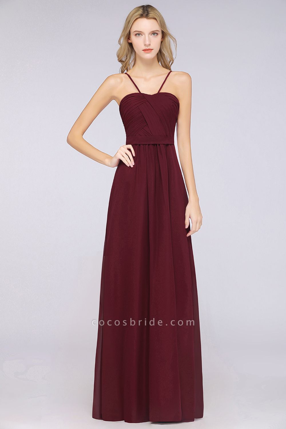 A-Line Chiffon Sweetheart Spaghetti-Straps Backless Floor-Length Bridesmaid Dress with Ruffles